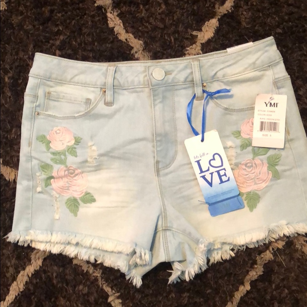 YMI Light blue shorts w/ pink embroidered roses.